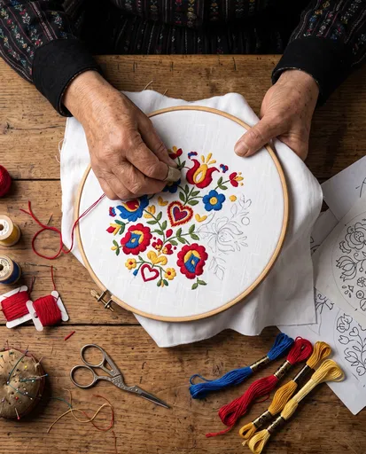Artisan Hands Embroidering Floral Linen Pattern