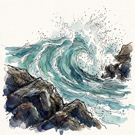 Watercolor and Ink Crashing Ocean Wave