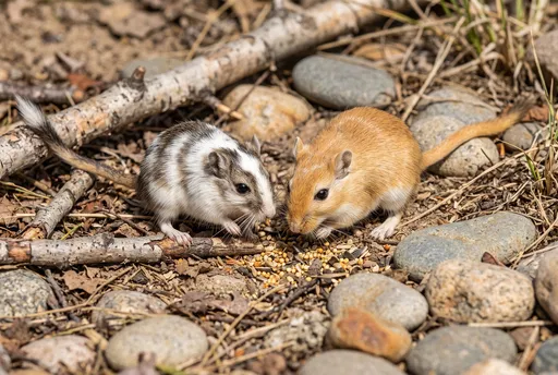 Two Gerbils Foraging Seeds Outdoors