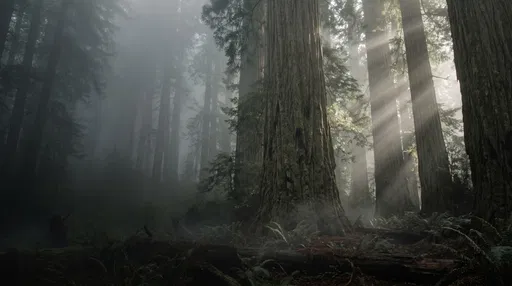 Misty Redwood Forest with Morning Sunbeams