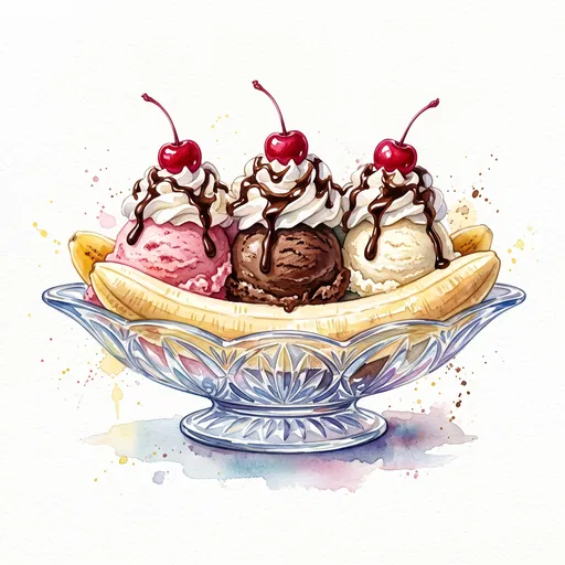 Watercolor Banana Split Ice Cream Sundae