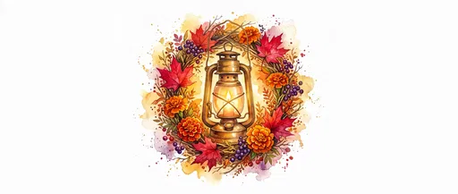 Watercolor Autumn Wreath With Brass Lantern