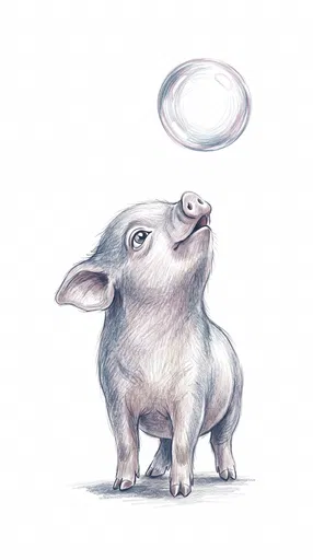Colored Pencil Piglet Looking at Bubble