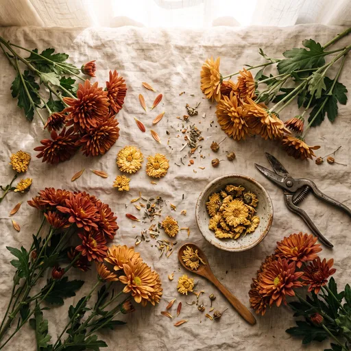Autumn Chrysanthemum Flat Lay on Linen