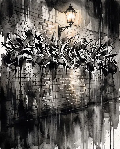 Watercolor Graffiti Brick Wall Under Streetlamp