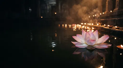 Lotus Flower Floating on Dark Temple Pond