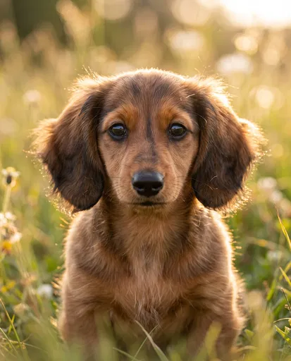 Fluffy Dachshund Puppy in Sunlit Meadow