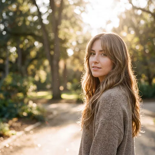 Woman with Layered Hair in Sunlit Park
