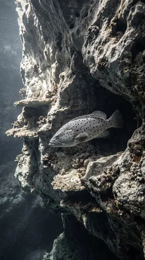 Spotted Grouper Near Underwater Rocky Overhang