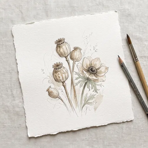 Watercolor Sketch of Poppy Pods and Anemone