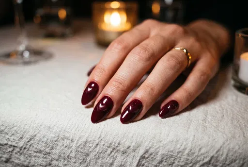 Burgundy Almond Nails With Embossed Hearts