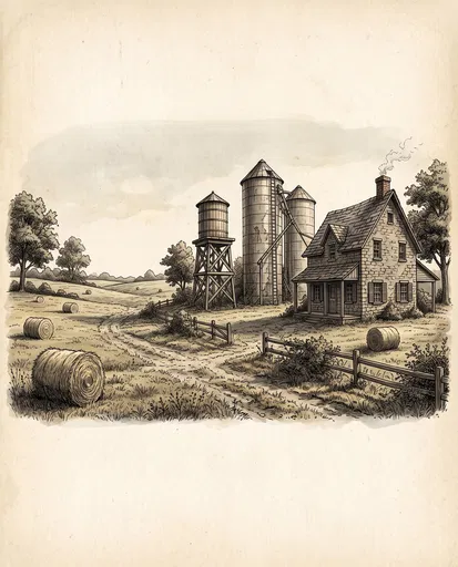 Vintage Hand-Drawn Farmhouse and Silos Illustration