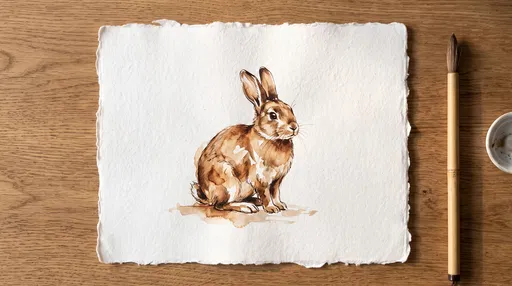Sepia Watercolor Rabbit Drawing on Handmade Paper