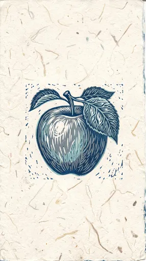 Blue Linocut Apple on Mulberry Paper