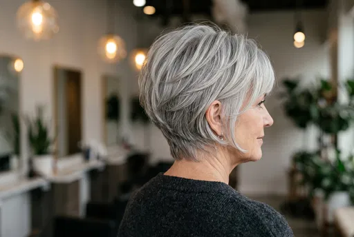 Mature Woman With Silver Bixie Haircut