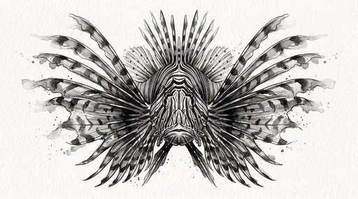 Monochrome Watercolor Lionfish Head-On Illustration