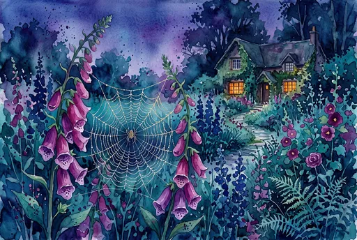 Watercolor Twilight Garden With Foxgloves and Spiderweb