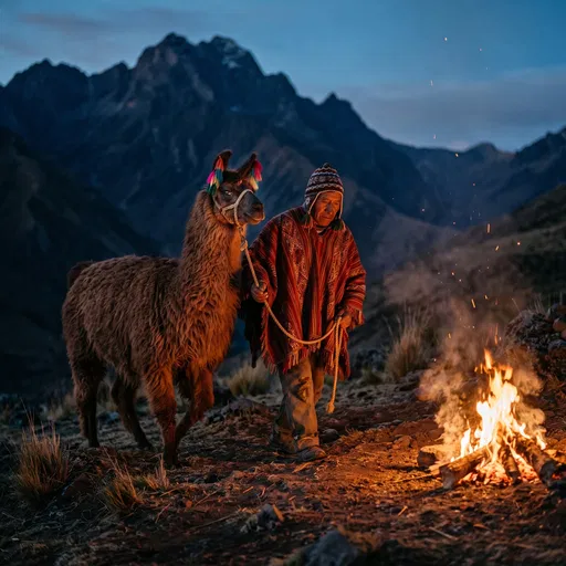 Andean Herder Leading Llama Past Campfire