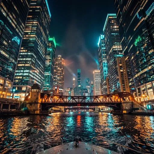 Chicago River Night Skyline from Boat