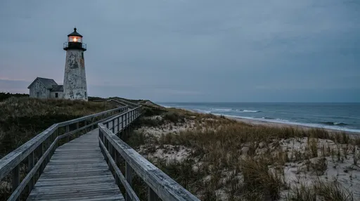 Coastal Lighthouse and Boardwalk at Blue Hour