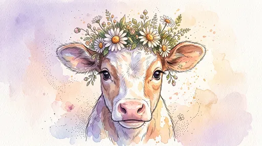 Watercolor Calf Wearing Daisy Crown