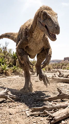 Feathered Utahraptor Walking in Dry Riverbed