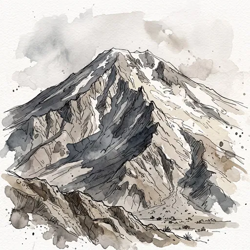 Watercolor and Ink Volcano Illustration