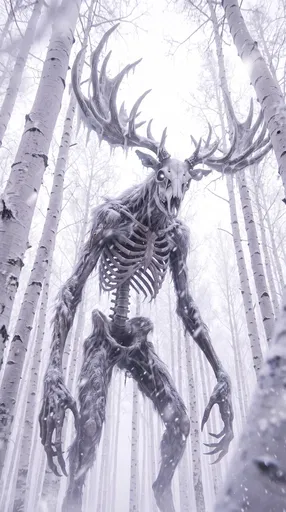 Skeletal Wendigo in Winter Birch Forest