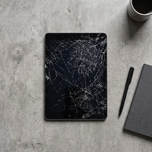 Shattered Tablet on Minimalist Concrete Desk