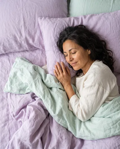 Middle-Aged Woman Resting on Pastel Linen Sheets