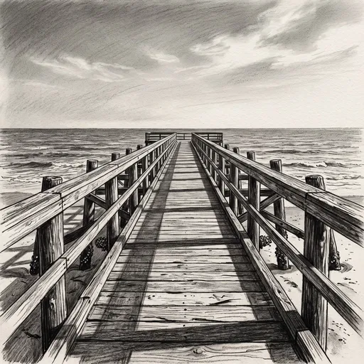Monochrome Charcoal Sketch of Wooden Ocean Pier