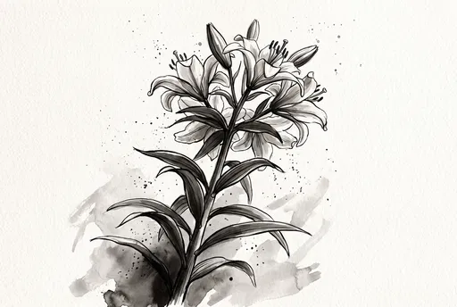 Monochrome Ink Wash Lily Illustration