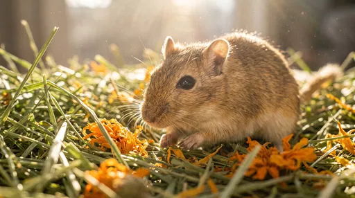 Golden Gerbil Foraging in Hay and Marigolds