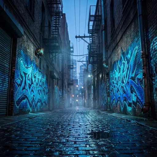 Glowing Blue Graffiti in Wet Urban Alleyway