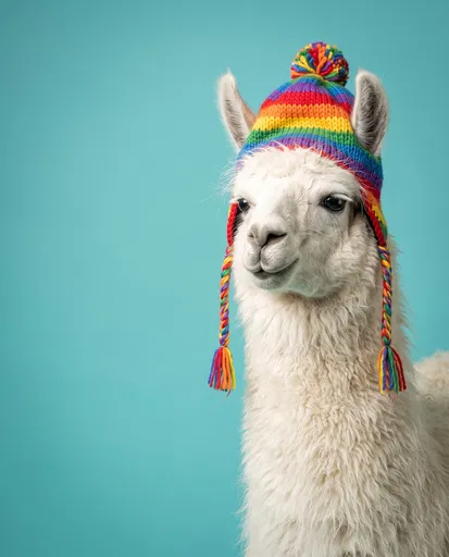 White Llama in Rainbow Knitted Hat