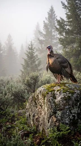 Wild Turkey Standing on Mossy Boulder