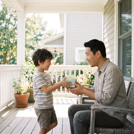 Boy Giving Gift to Father on Porch