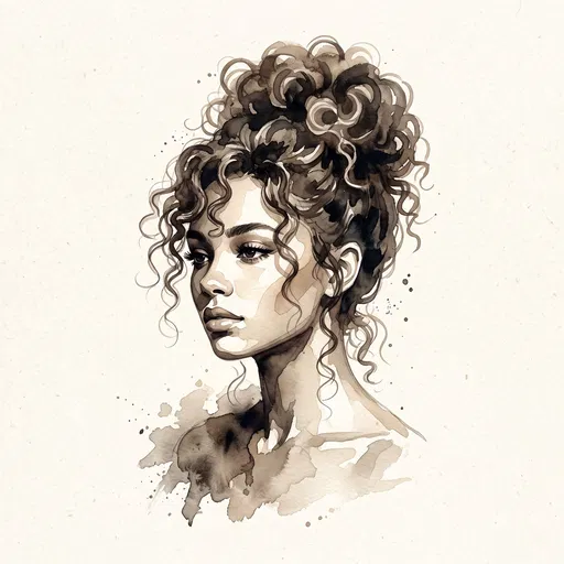 Watercolor Portrait of Woman with Curly Updo