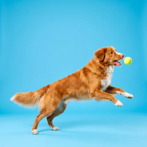 Retriever Catching Tennis Ball on Blue