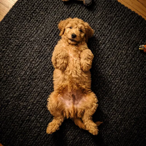 Goldendoodle Puppy Lying on Dark Rug