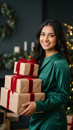 Woman Holding Christmas Gifts in Green Dress