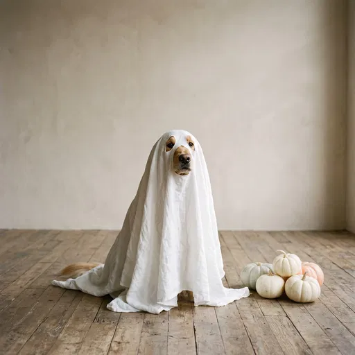 Golden Retriever in Ghost Costume with Pumpkins
