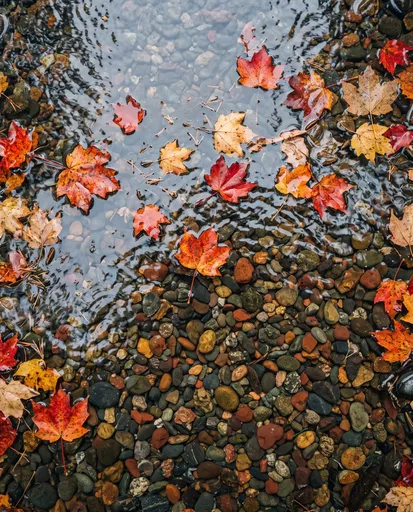 Autumn Leaves Floating in Clear Stream