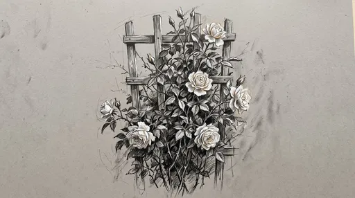 Charcoal Drawing of Roses on Trellis