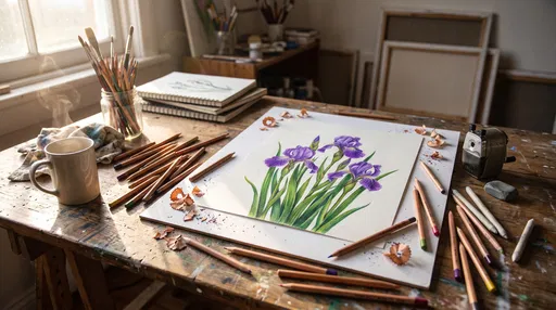 Colored Pencil Iris Drawing on Artist Desk