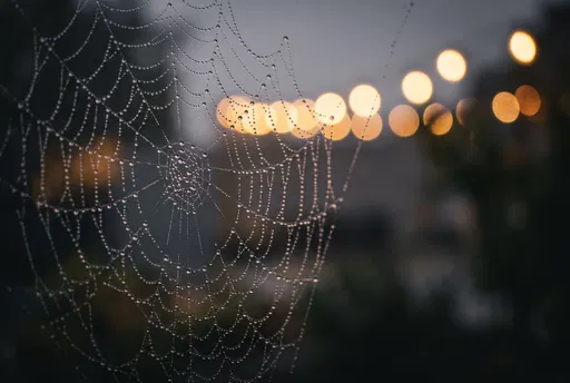 Dewdrops on Spiderweb with Warm Bokeh Lights