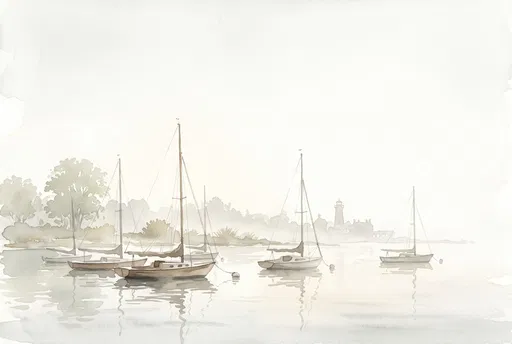 Watercolor Sailboats Moored on Misty Morning