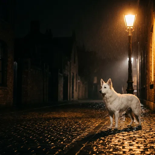 White Shepherd Under Streetlight at Night