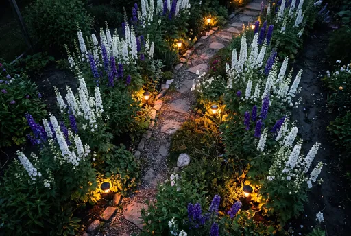 Twilight Garden Path With Larkspur Flowers