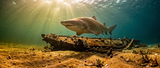 Sand Tiger Shark Over Sunken Shipwreck